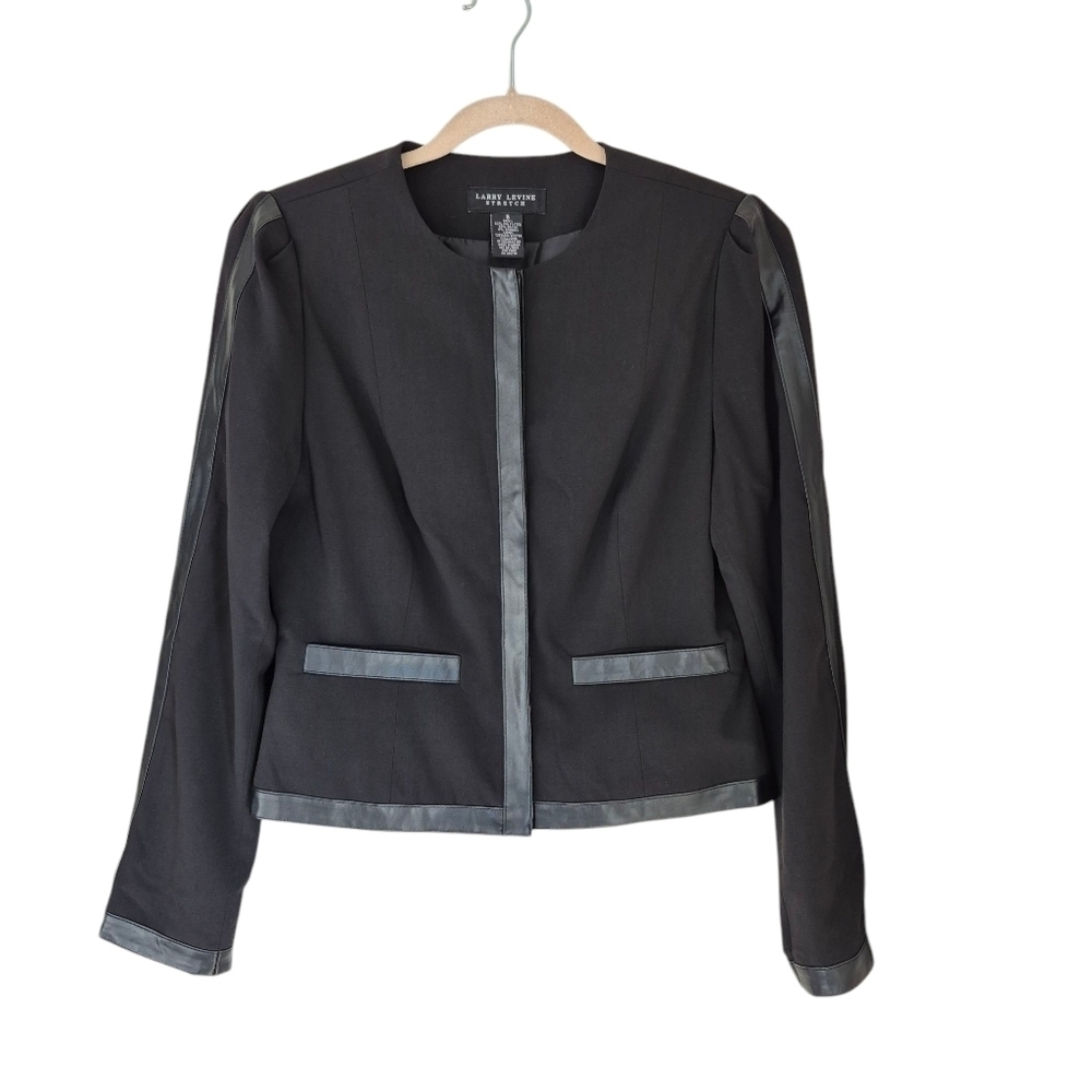 Larry Levine Black Tailored Blazer With Faux Leather Trim